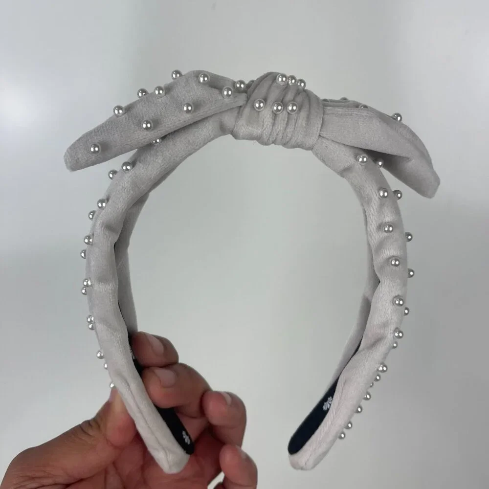 Lele Sadoughi x Crewcuts Grey Velvet Pearl Bow Headband Kids Embellished Preppy